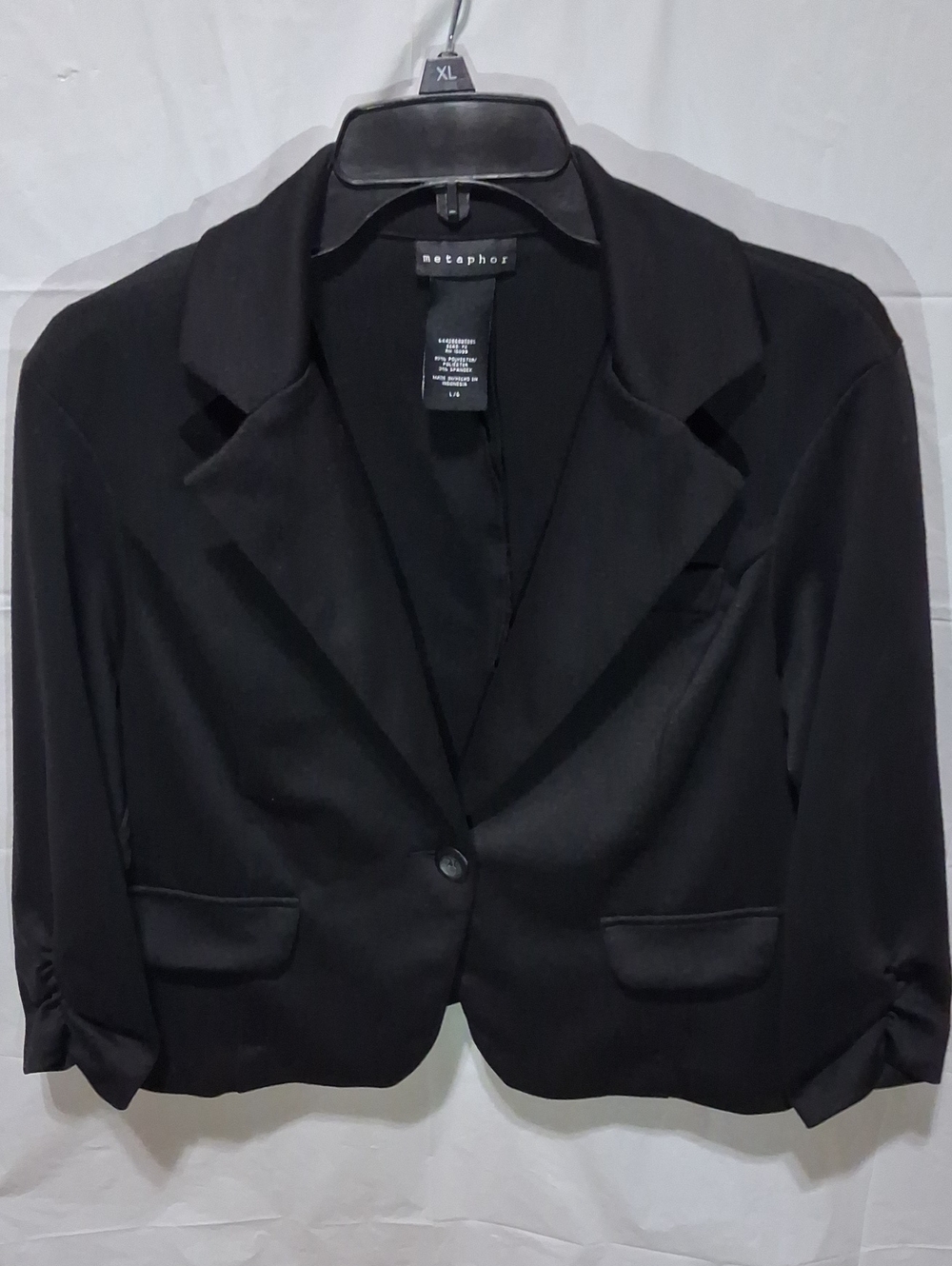 💥Metaphor Black Cropped Single-Button Blazer with Ruched 3/4 Sleeves - Large💥